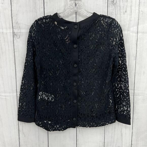 Banana Republic XS Petite NWT Black Scallop Lace Long Sleeve Sweats Blouse Top - Picture 2 of 11